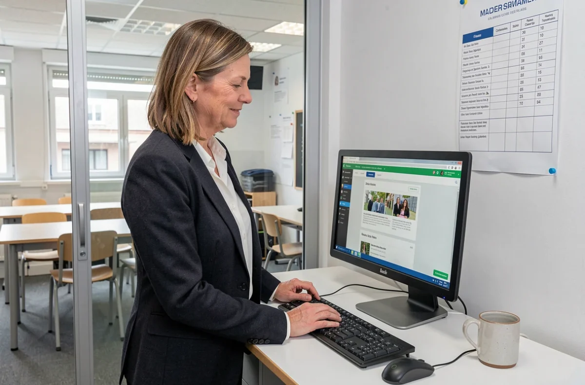 Enseignante française utilisant une plateforme de lecture sécurisée en ligne sur ordinateur de bureau dans un bureau scolaire