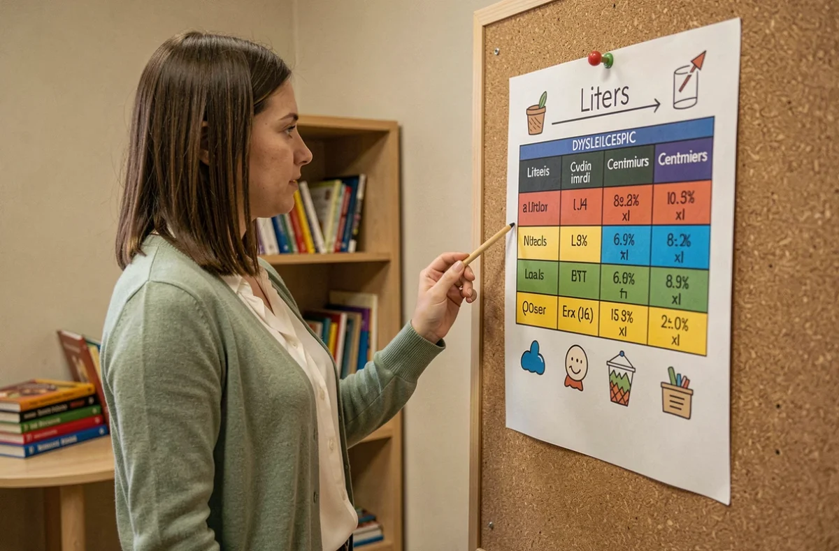 Enseignante sp&eacute;cialis&eacute;e pr&eacute;sentant un tableau visuel de conversion litre en cm3 adapt&eacute; aux enfants dyslexiques