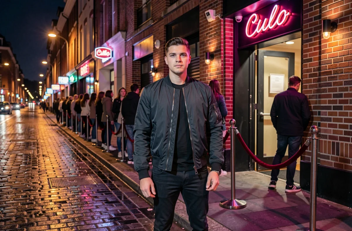 Jeune &eacute;tudiant devant l'entr&eacute;e d'une boite de nuit populaire &agrave; Lille avec une queue de noctambules sur des pav&eacute;s mouill&eacute;s