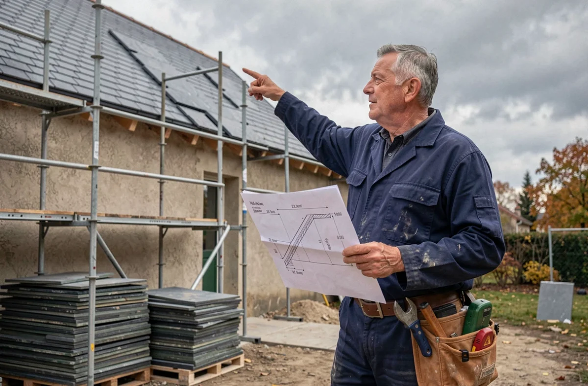 Entrepreneur couvreur sur un chantier de r&eacute;novation pr&eacute;sentant des plans de pente pour une toiture en ardoises en climat de pluie