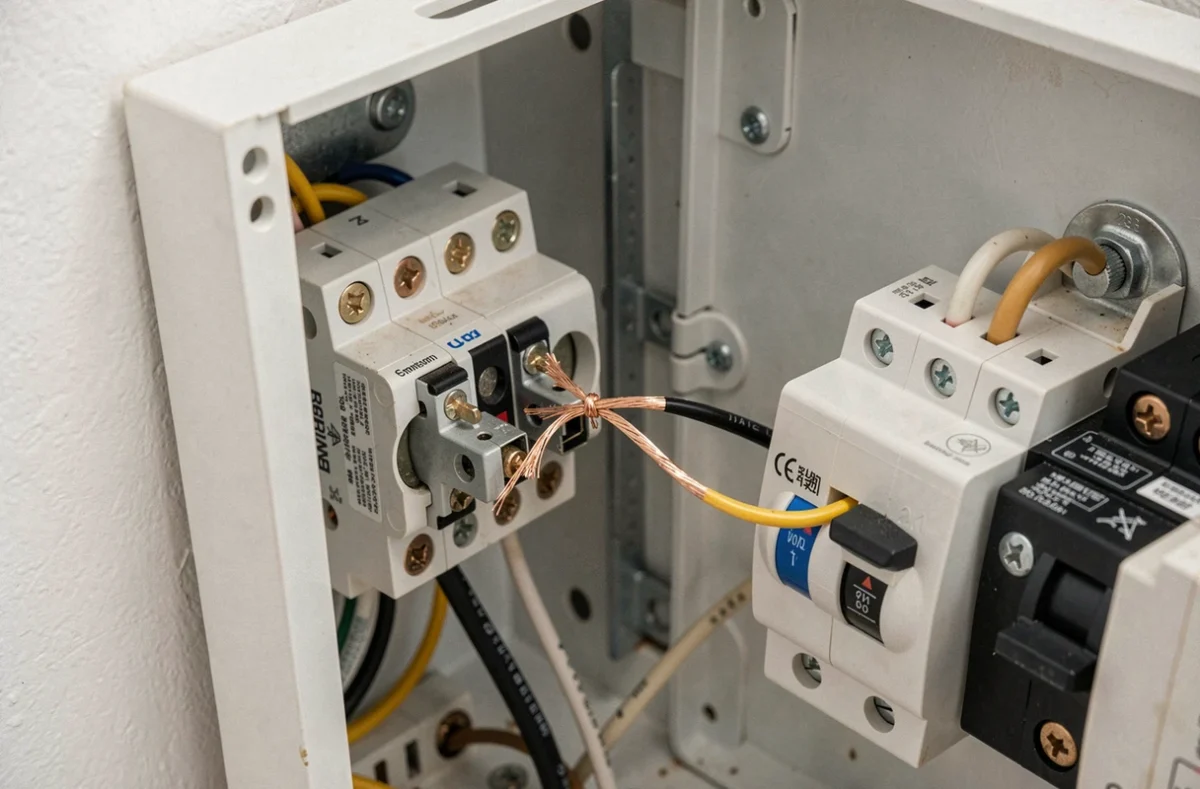Gros plan sur une erreur de câblage dans un tableau électrique domestique avec un fil mal connecté