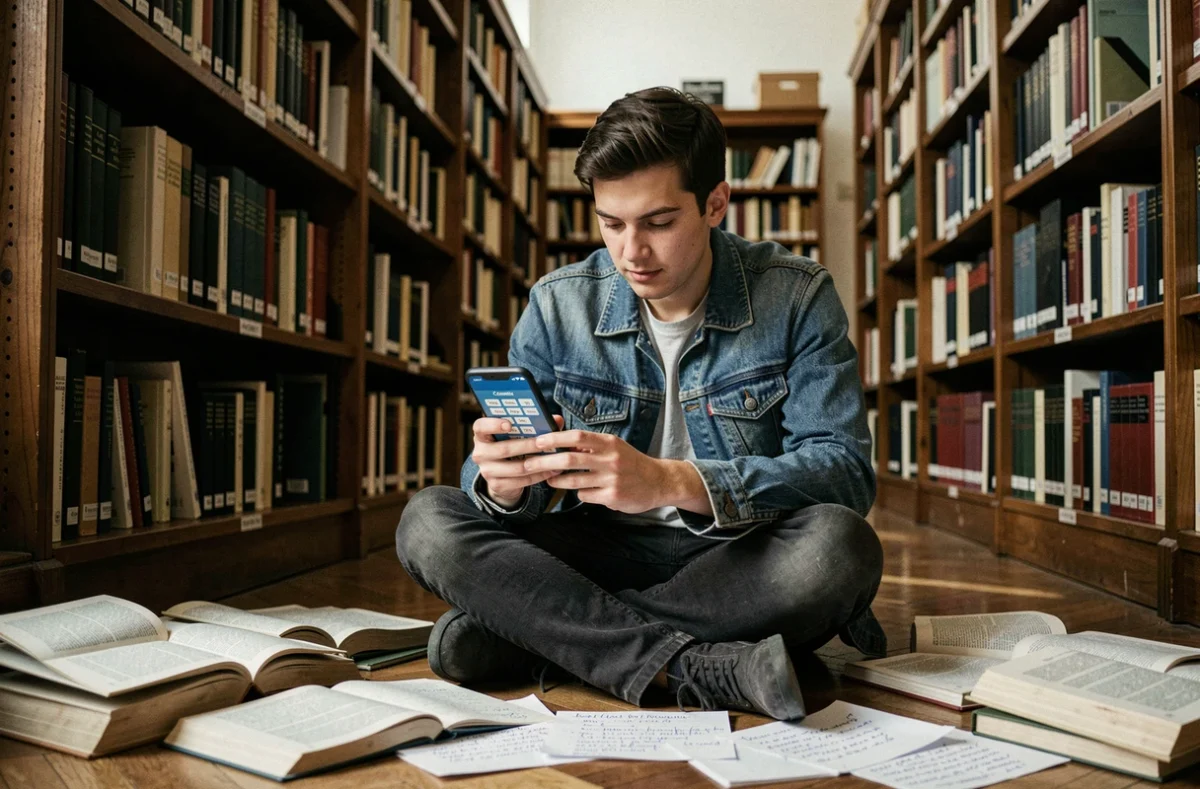 &Eacute;tudiant jouant &agrave; C&eacute;mantix sur smartphone entour&eacute; de livres de vocabulaire fran&ccedil;ais dans une biblioth&egrave;que universitaire