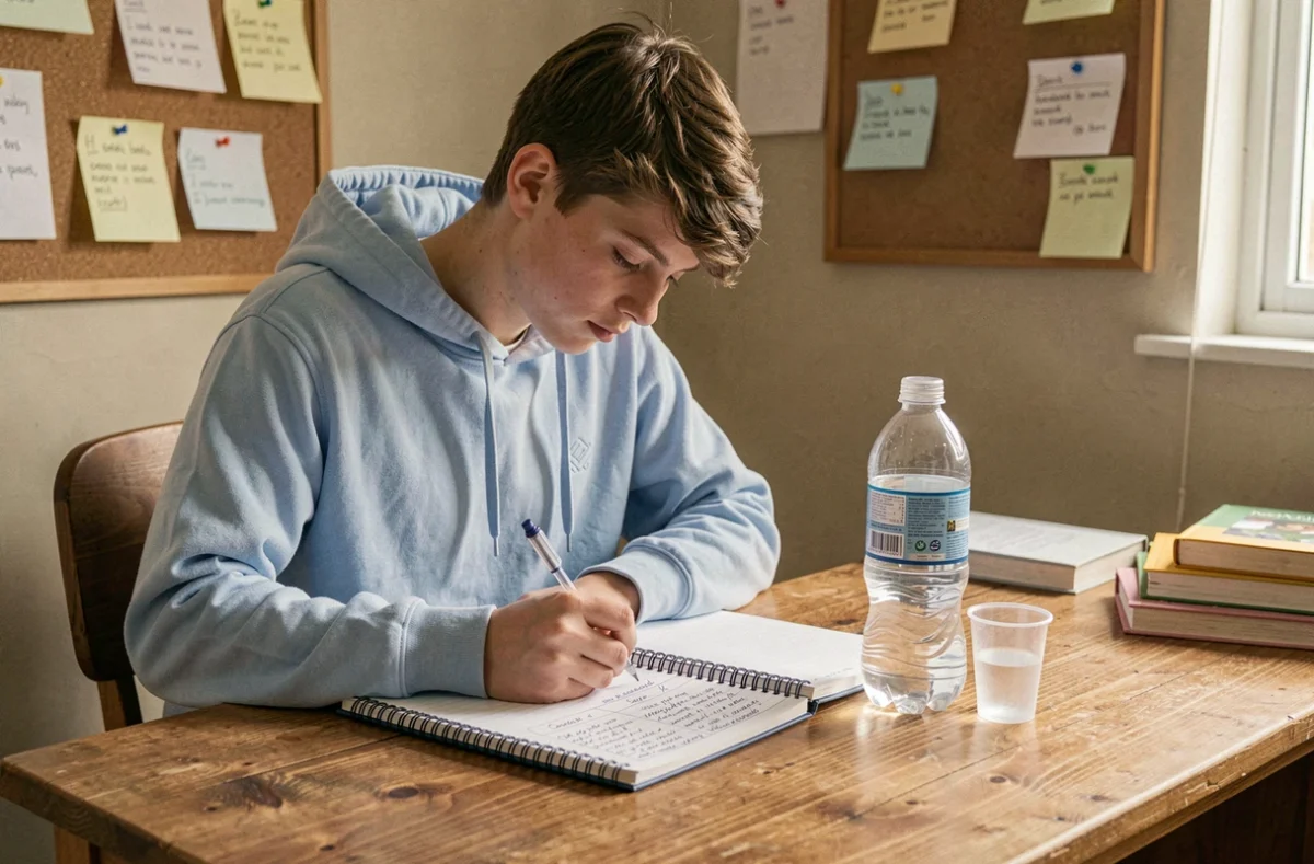Étudiant prenant des notes sur la conversion d'un litre en millilitres avec une bouteille et un verre posés sur son bureau de travail