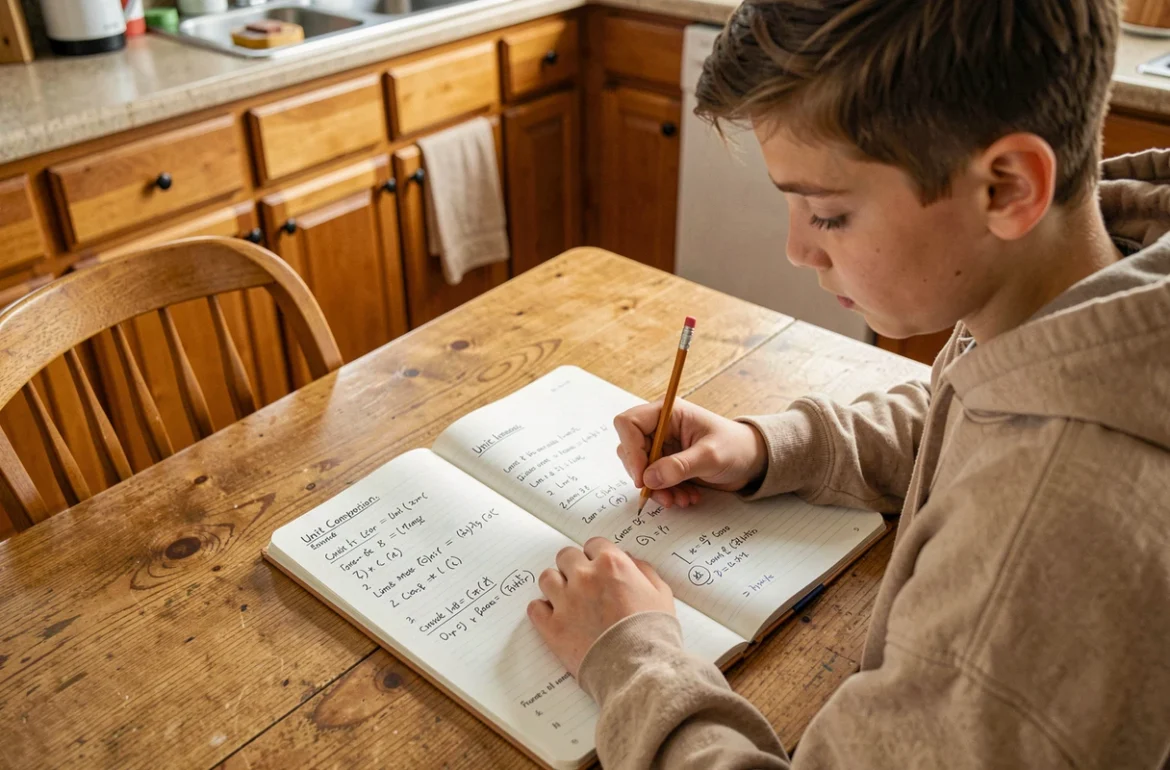 Étudiant faisant ses devoirs de mathématiques sur la conversion de mètres cubes en litres dans un cahier à la maison