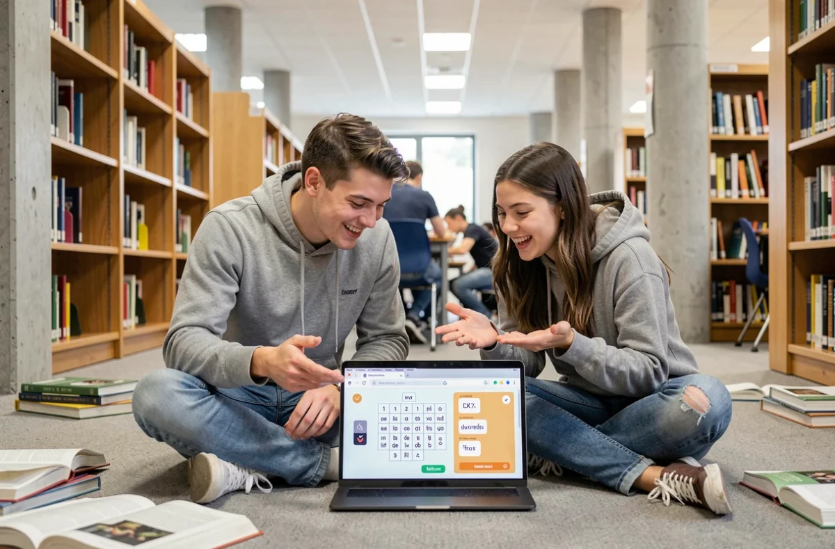 Deux &eacute;tudiants collaborant pour r&eacute;soudre le P&eacute;dantix du jour ensemble dans une biblioth&egrave;que universitaire