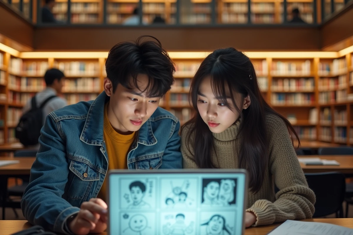Deux &eacute;tudiants d&eacute;couvrant ensemble le scan One Piece 1139 VF sur un ordinateur en biblioth&egrave;que