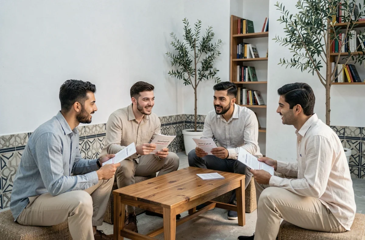Jeunes étudiants musulmans discutant des textes de Malik ibn Anas dans un centre d'études islamiques contemporain