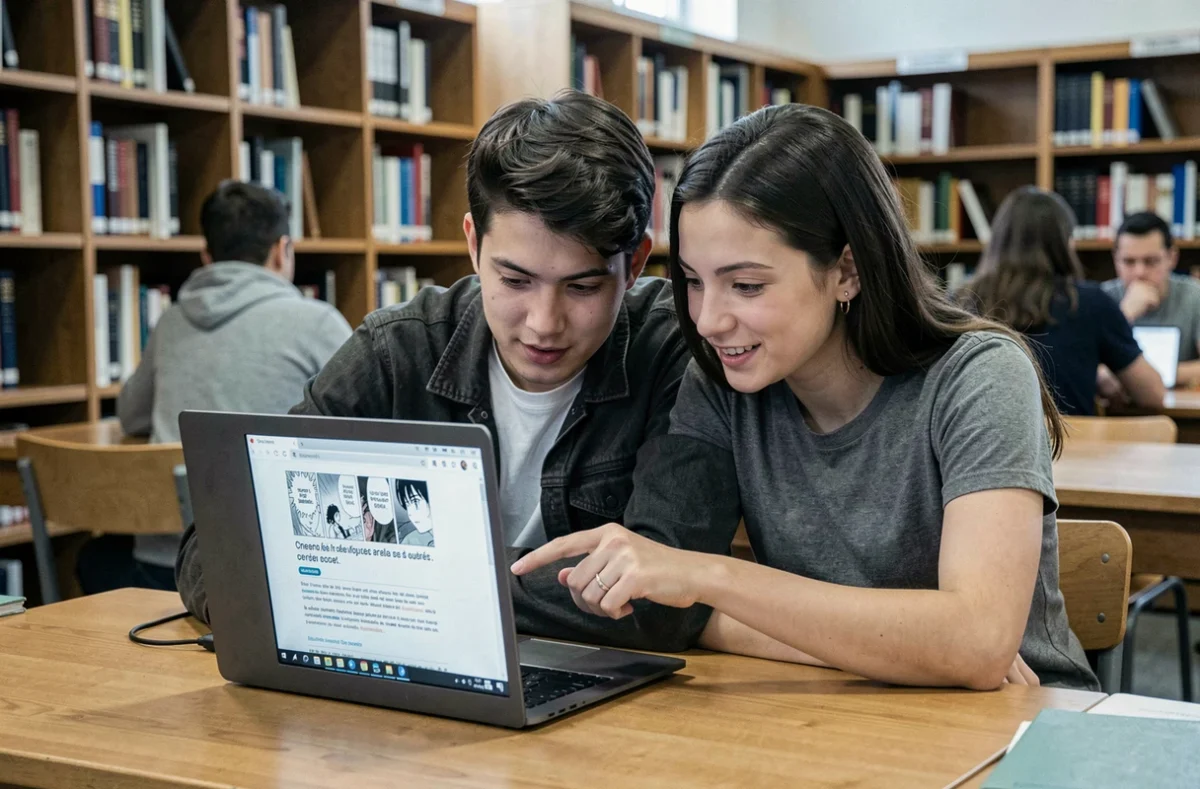 Deux &eacute;tudiants d&eacute;couvrant ensemble un site de scans de mangas en fran&ccedil;ais dans une biblioth&egrave;que universitaire