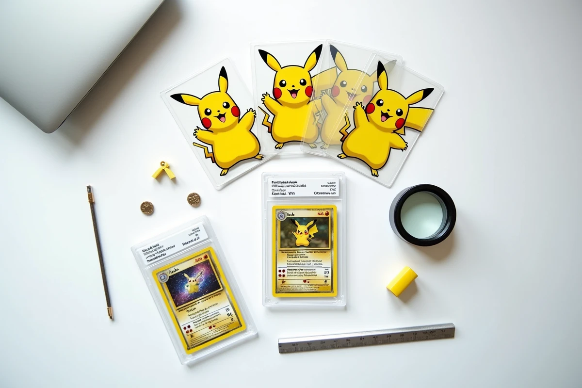 Vue à plat d'un espace d'évaluation de cartes Pokémon Pikachu avec loupe de joaillier, règle et checklist de gradation professionnelle