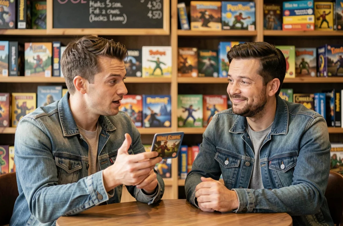 Deux hommes dans un caf&eacute; de jeux de soci&eacute;t&eacute;, l'un expliquant les r&egrave;gles &agrave; l'autre avec une carte en main