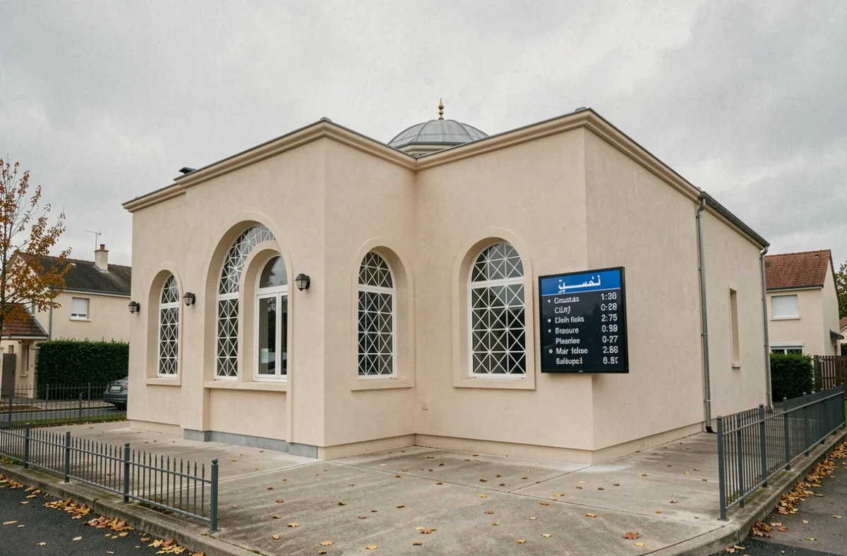 Fa&ccedil;ade d'une mosqu&eacute;e de banlieue parisienne avec panneau d'affichage des heures de pri&egrave;re