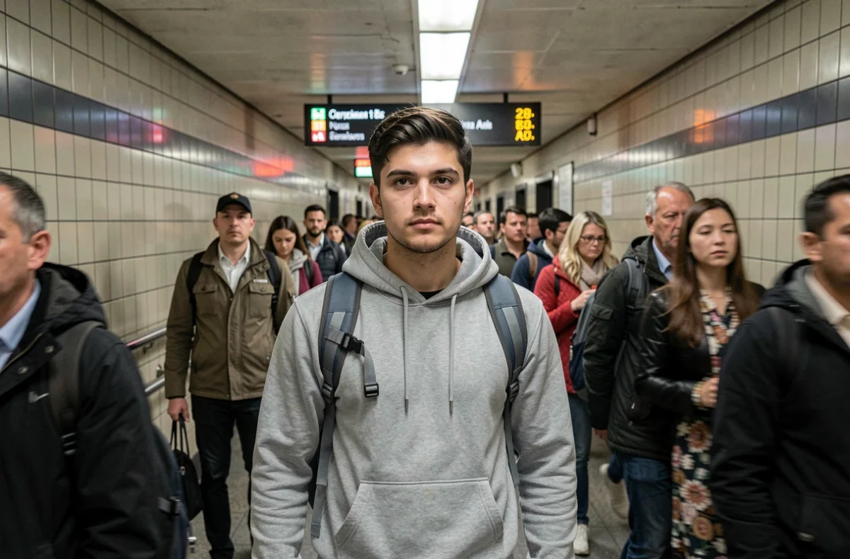 Jeune homme dans une station de m&eacute;tro bond&eacute;e &agrave; l'heure de pointe, illustrant le fait social de la mobilit&eacute; urbaine et des normes collectives