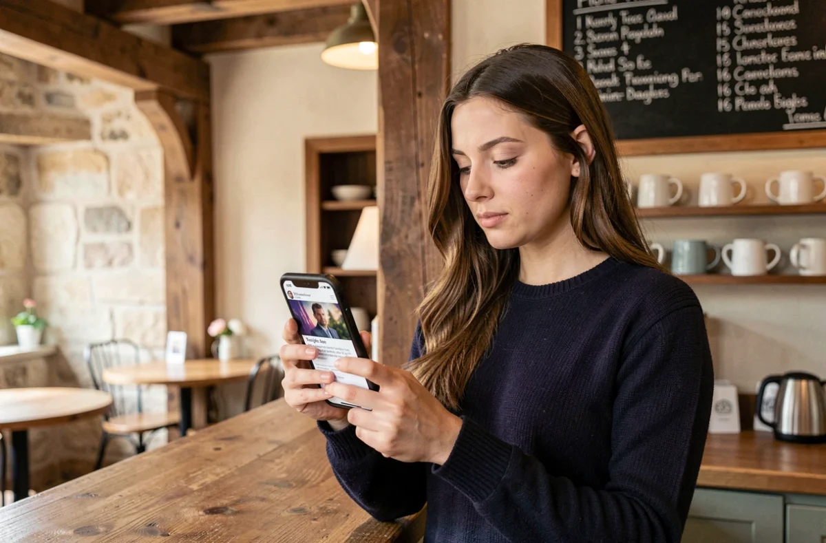 Jeune femme fan de Twilight consultant le site kellanlutz.fr sur son smartphone dans un caf&eacute; chaleureux