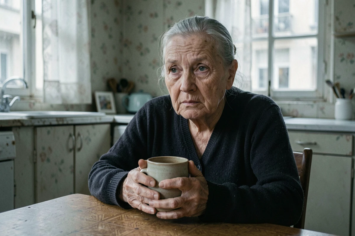 Femme &acirc;g&eacute;e aux cheveux argent&eacute;s tenant une tasse dans une cuisine modeste, regard charg&eacute; d'&eacute;motion et de souvenirs