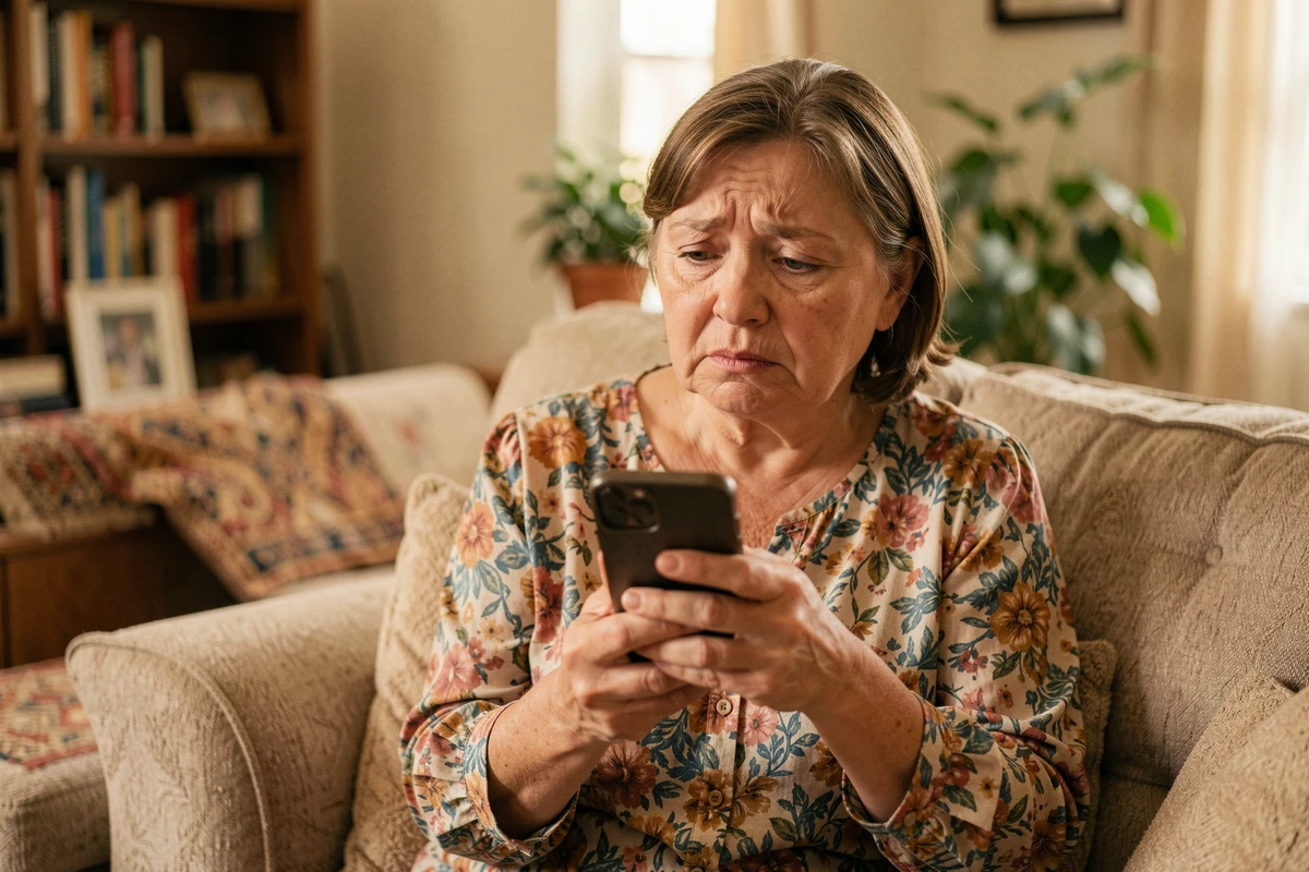 Femme &acirc;g&eacute;e inqui&egrave;te consultant un num&eacute;ro de t&eacute;l&eacute;phone inconnu sur son canap&eacute; dans son salon