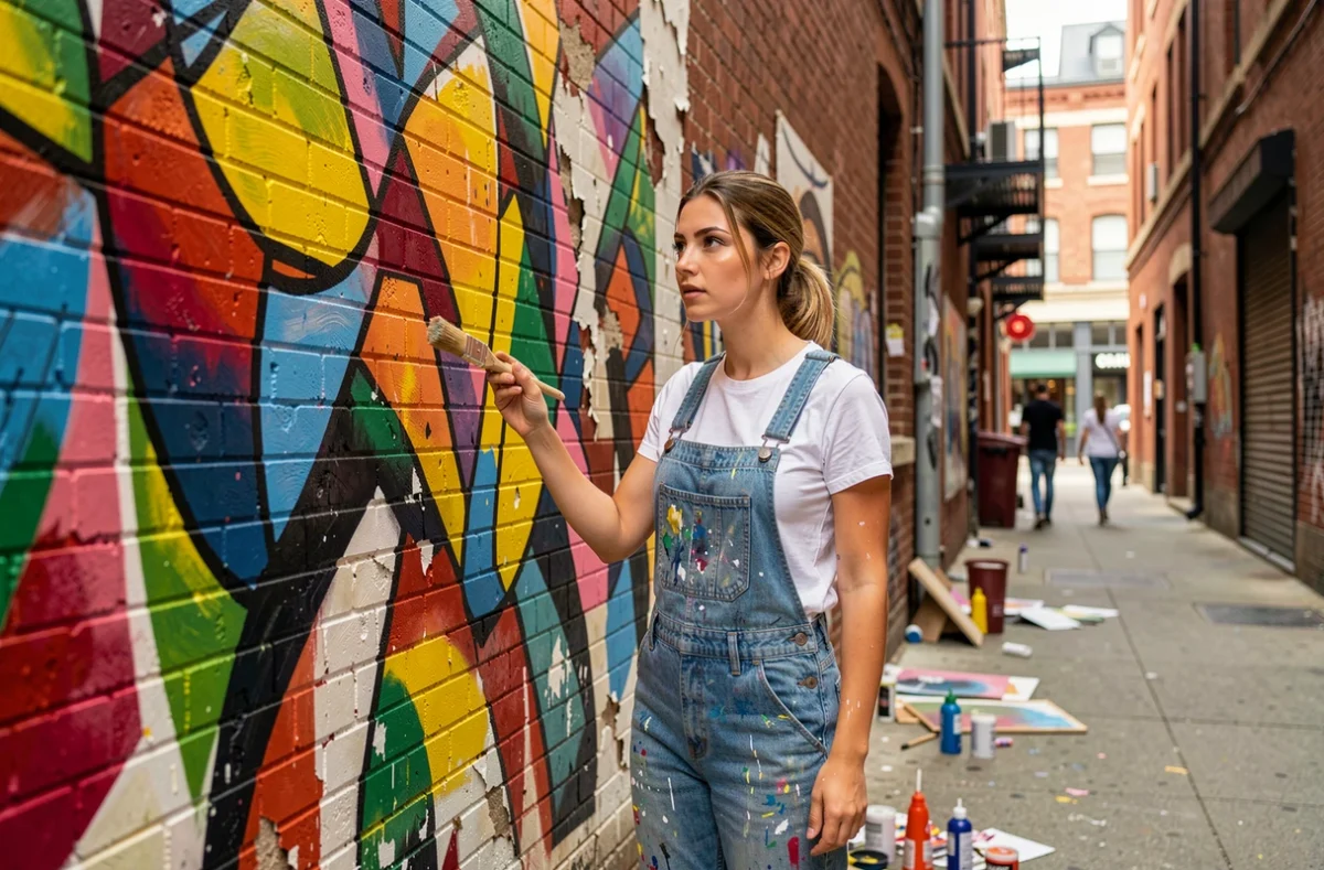 Jeune femme artiste peignant une fresque murale urbaine colorée, symbole d'expression créative et d'émancipation féminine