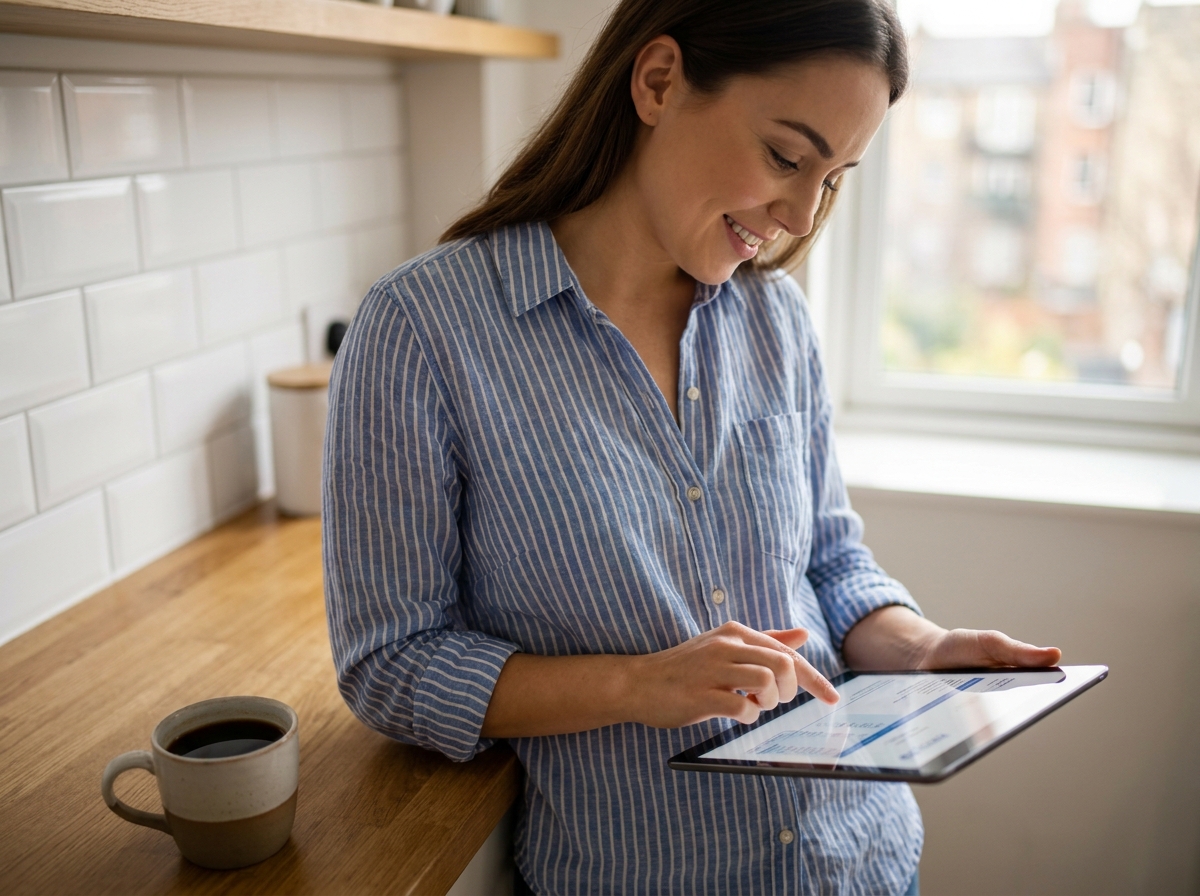 Jeune femme consultant un bulletin de paie num&eacute;rique sur tablette dans sa cuisine le matin