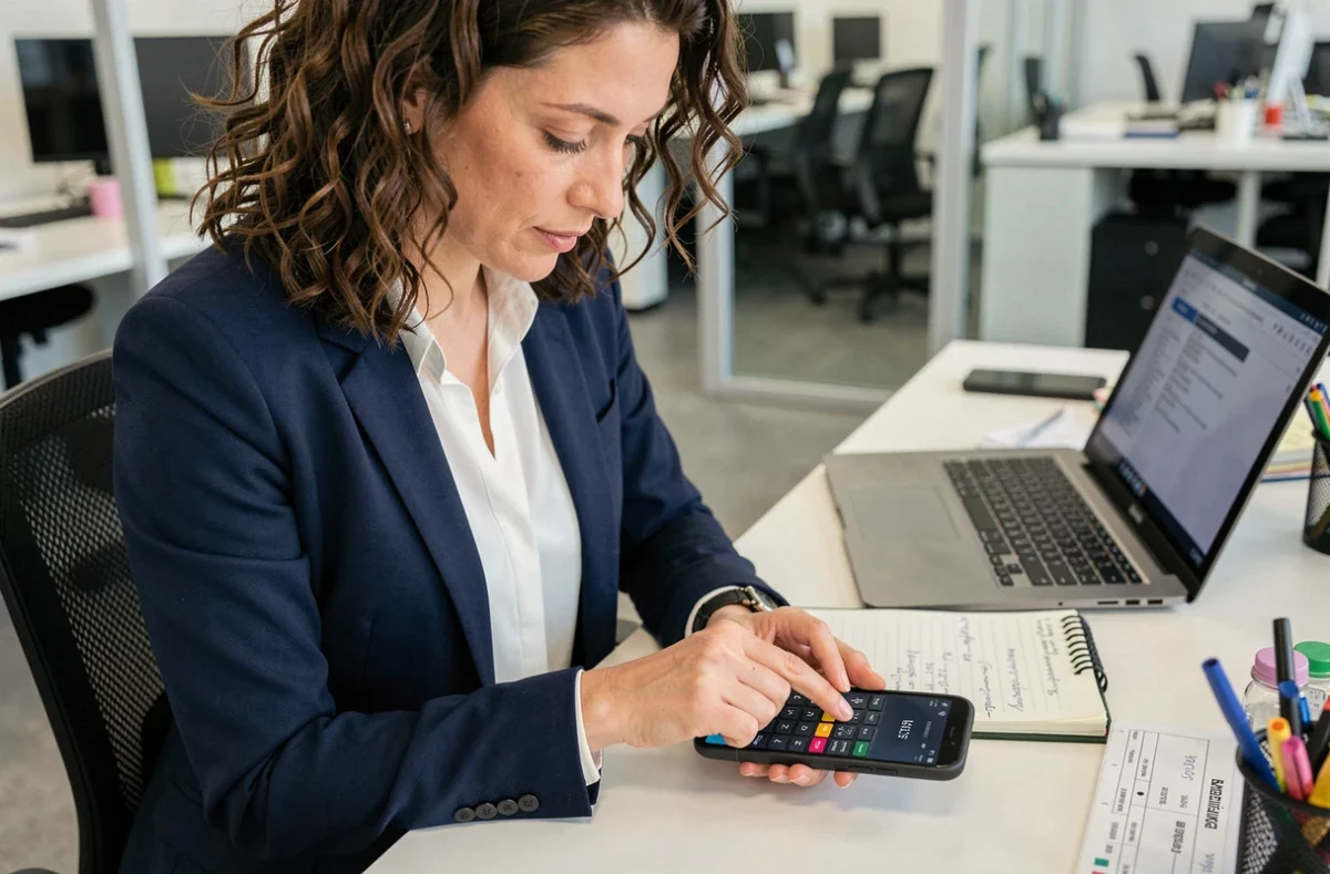 Femme consultant le num&eacute;ro Lebara de sa carte SIM sur son t&eacute;l&eacute;phone au bureau