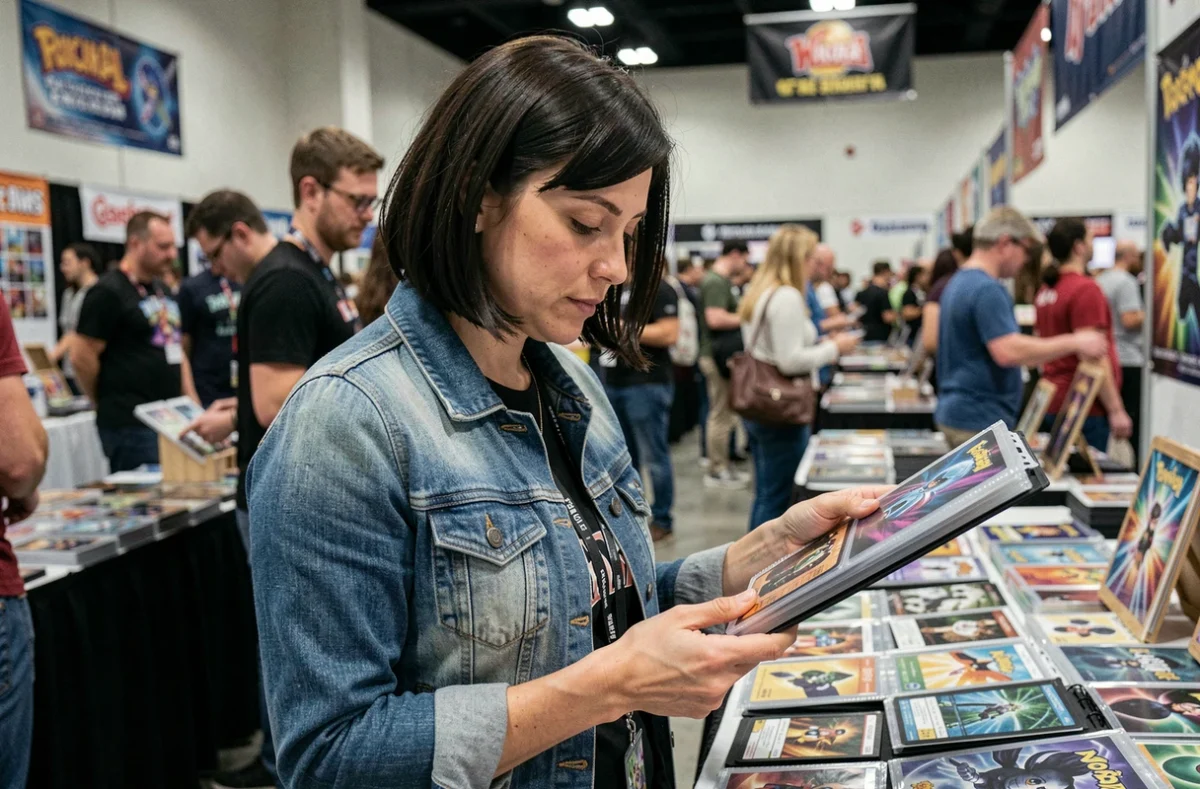 Femme collectionneure feuilletant un classeur de cartes Pok&eacute;mon dans une foire de trading cards