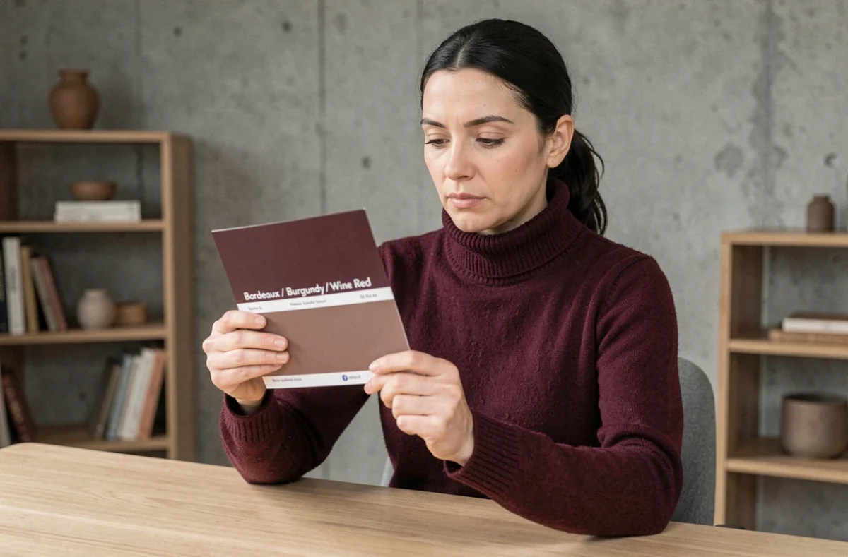 Femme tenant une carte de nuances couleur bordeaux avec l'équivalent anglais burgundy et wine red inscrit dessus