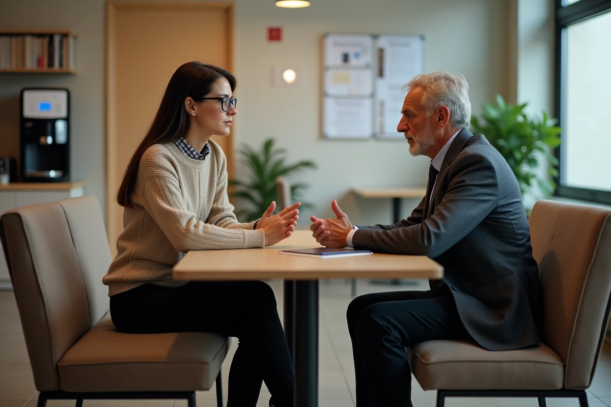Femme en discussion avec un collègue dans la salle de pause