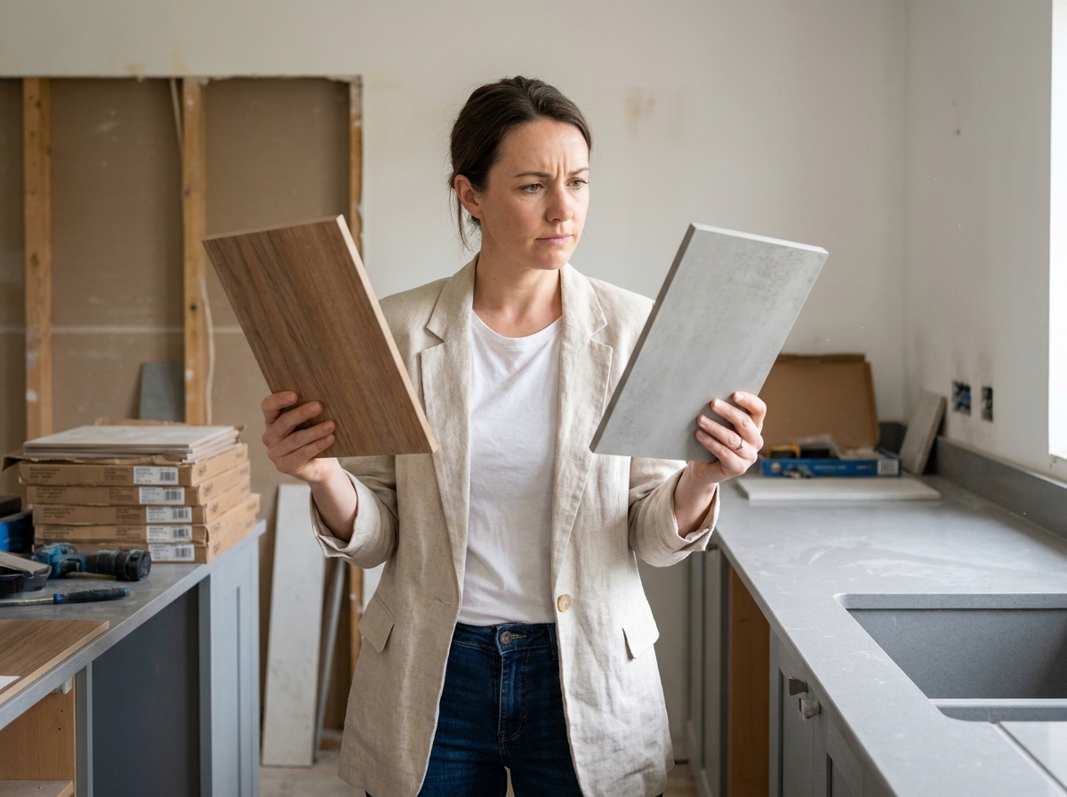 Une femme compare deux échantillons de revêtement composite lors d'une rénovation de cuisine moderne