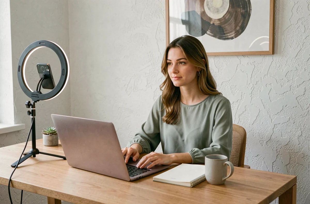 Jeune femme g&eacute;rant sa pr&eacute;sence en ligne depuis son bureau &agrave; domicile face &agrave; la notori&eacute;t&eacute; sur les r&eacute;seaux sociaux