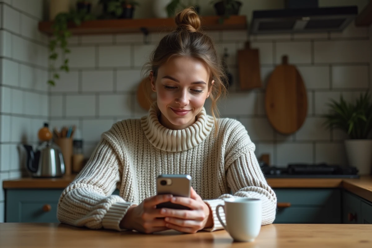 Femme seule découvrant l'heure miroir 21h21 sur son téléphone, moment de réflexion sur son chemin amoureux et sa vie sentimentale