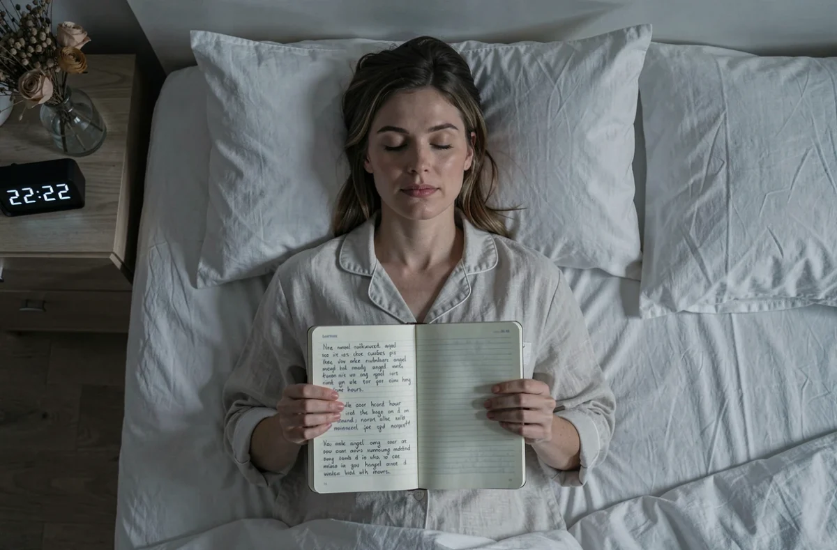 Femme &eacute;crivant dans son journal sur les heures miroirs et le 22h22, allong&eacute;e pr&egrave;s d'un r&eacute;veil num&eacute;rique dans une chambre apaisante