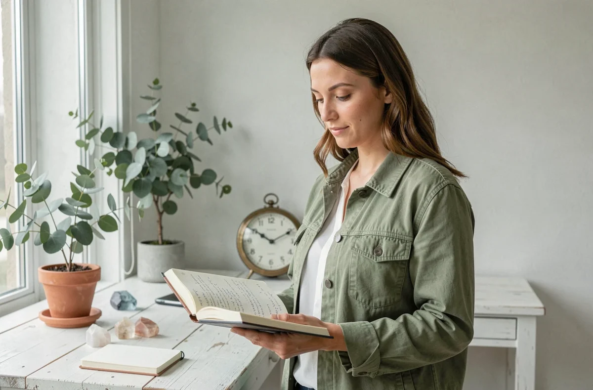 Jeune femme &eacute;crivant dans un journal devant une horloge indiquant 11h01, repr&eacute;sentant la prise de conscience de l'heure miroir