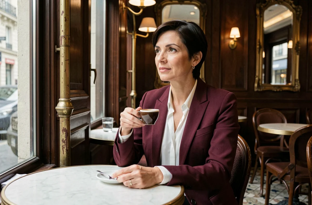 Femme journaliste élégante assise dans une brasserie parisienne classique, dans le contexte de la vie personnelle et professionnelle du couple Mara