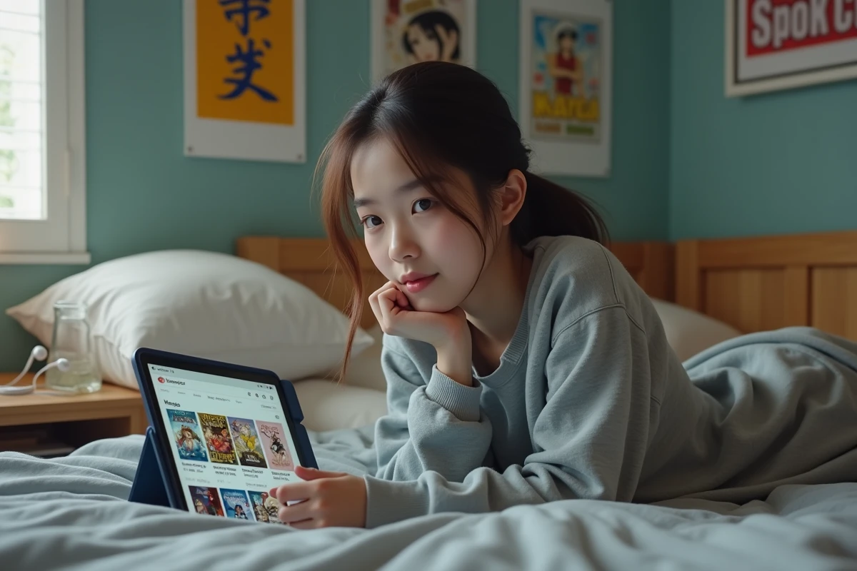 Jeune femme parcourant un site de lecture manga sur tablette allongée dans sa chambre