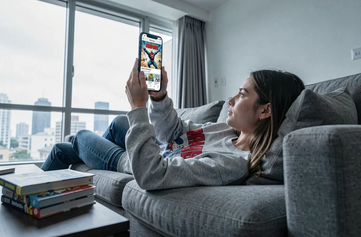 Jeune femme lisant un manga shonen en vf sur smartphone depuis son salon, plateforme légale française
