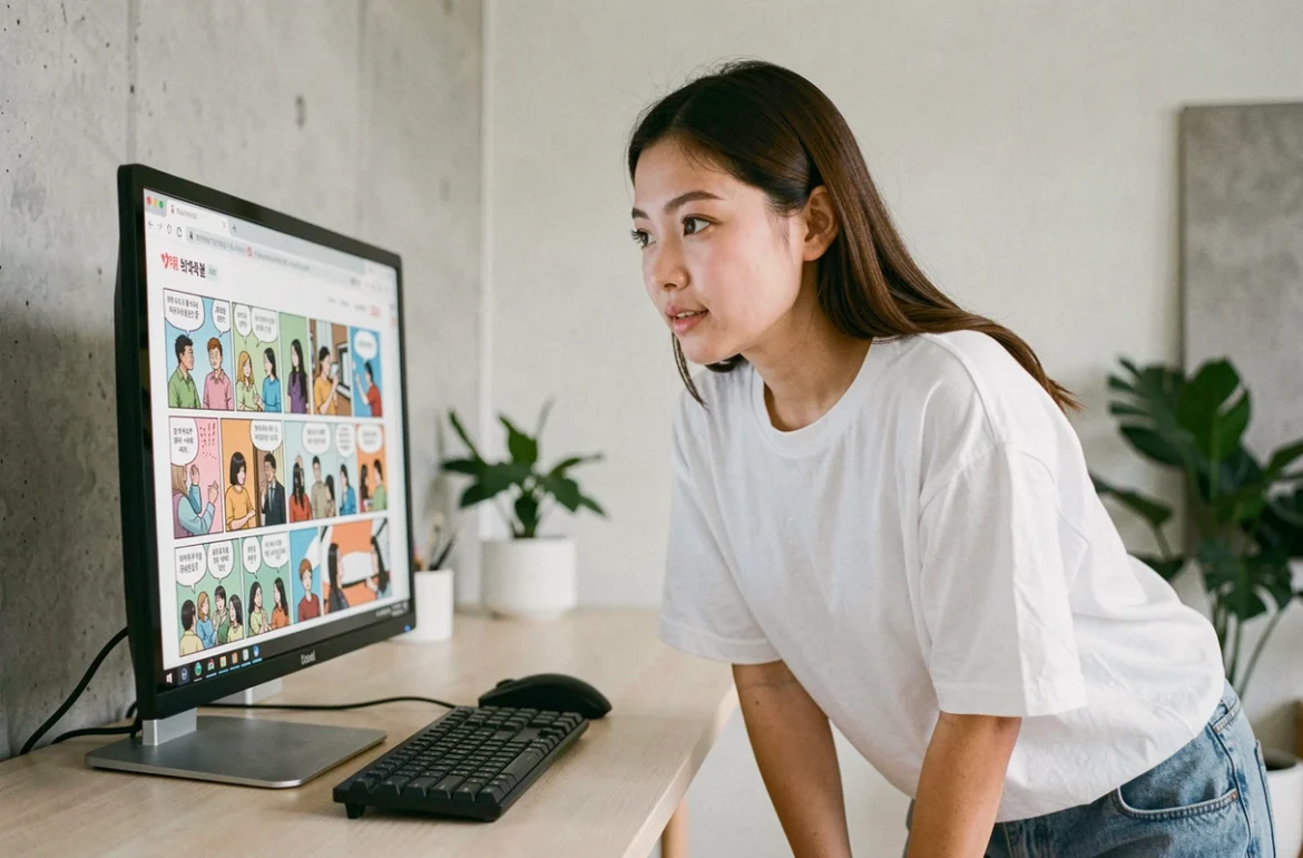Jeune femme absorbée par la lecture d'un webtoon sur son ordinateur de bureau dans un appartement moderne