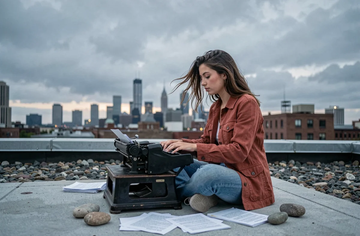 Jeune femme &eacute;crivant sur une machine &agrave; &eacute;crire m&eacute;canique sur un toit urbain au cr&eacute;puscule, &eacute;voquant la narration &agrave; la premi&egrave;re personne et les tournants narratifs inattendus