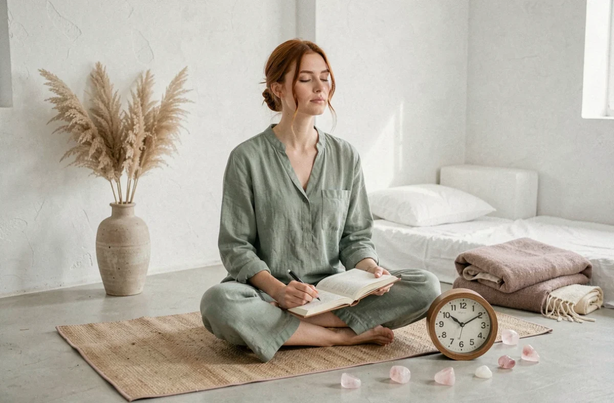 Jeune femme en méditation avec un journal et une horloge montrant 23h23 dans une chambre minimaliste spirituelle, représentant l'interprétation des signes angéliques pour 2026