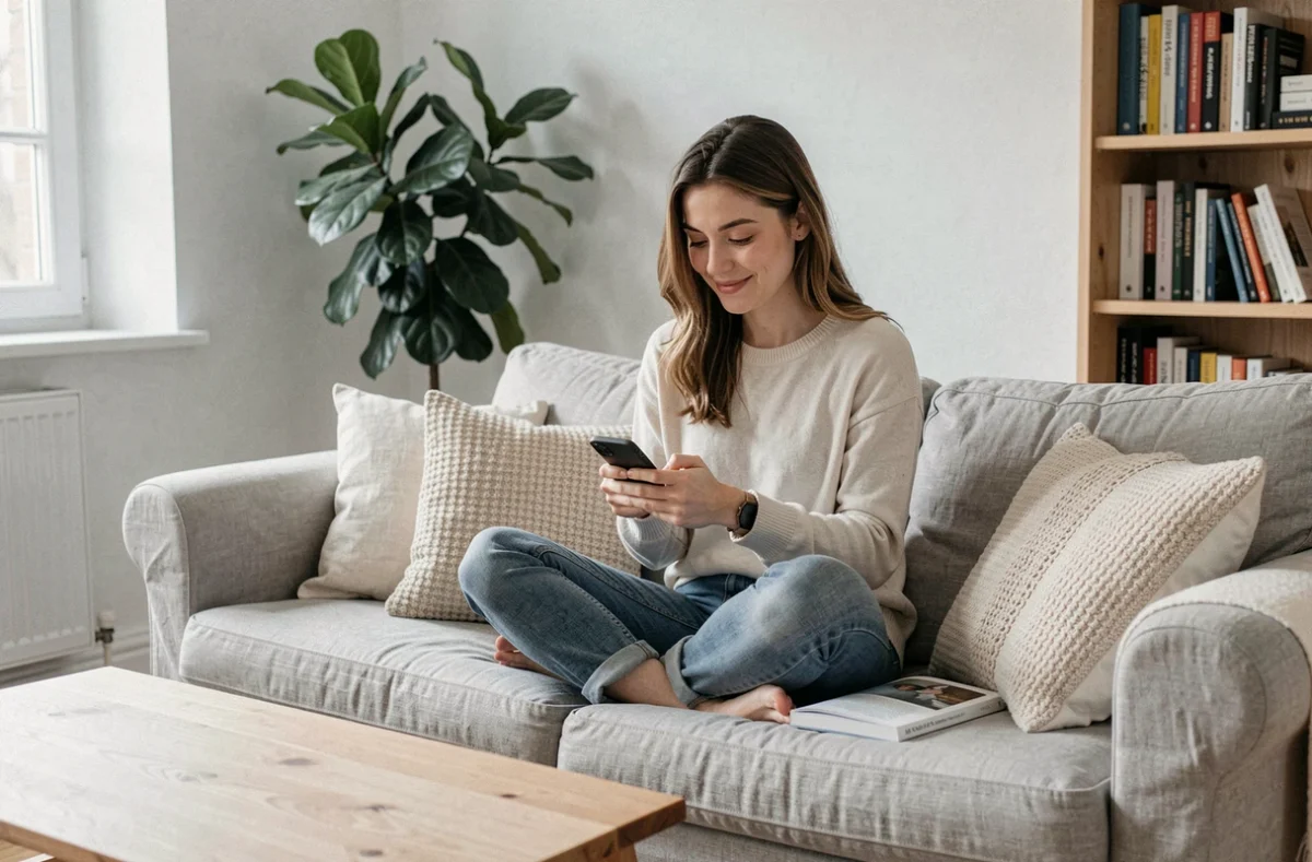 Jeune femme souriante tapant un message avec des emojis d'amour sur son smartphone dans un salon scandinave épuré