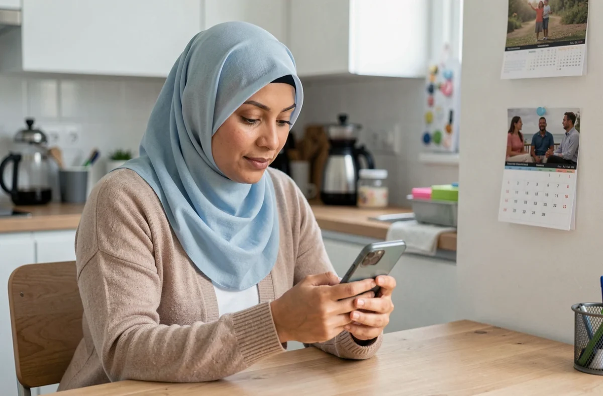 Femme musulmane consultant les horaires de pri&egrave;re sur son t&eacute;l&eacute;phone dans une cuisine, organisation du quotidien au Blanc-Mesnil