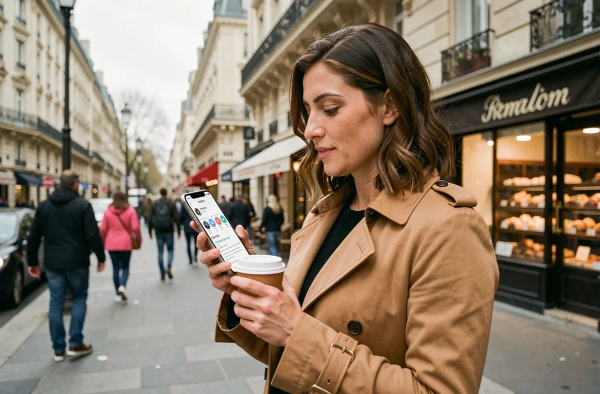 Femme parisienne consultant un profil Instagram politique sur son smartphone dans une rue haussmannienne