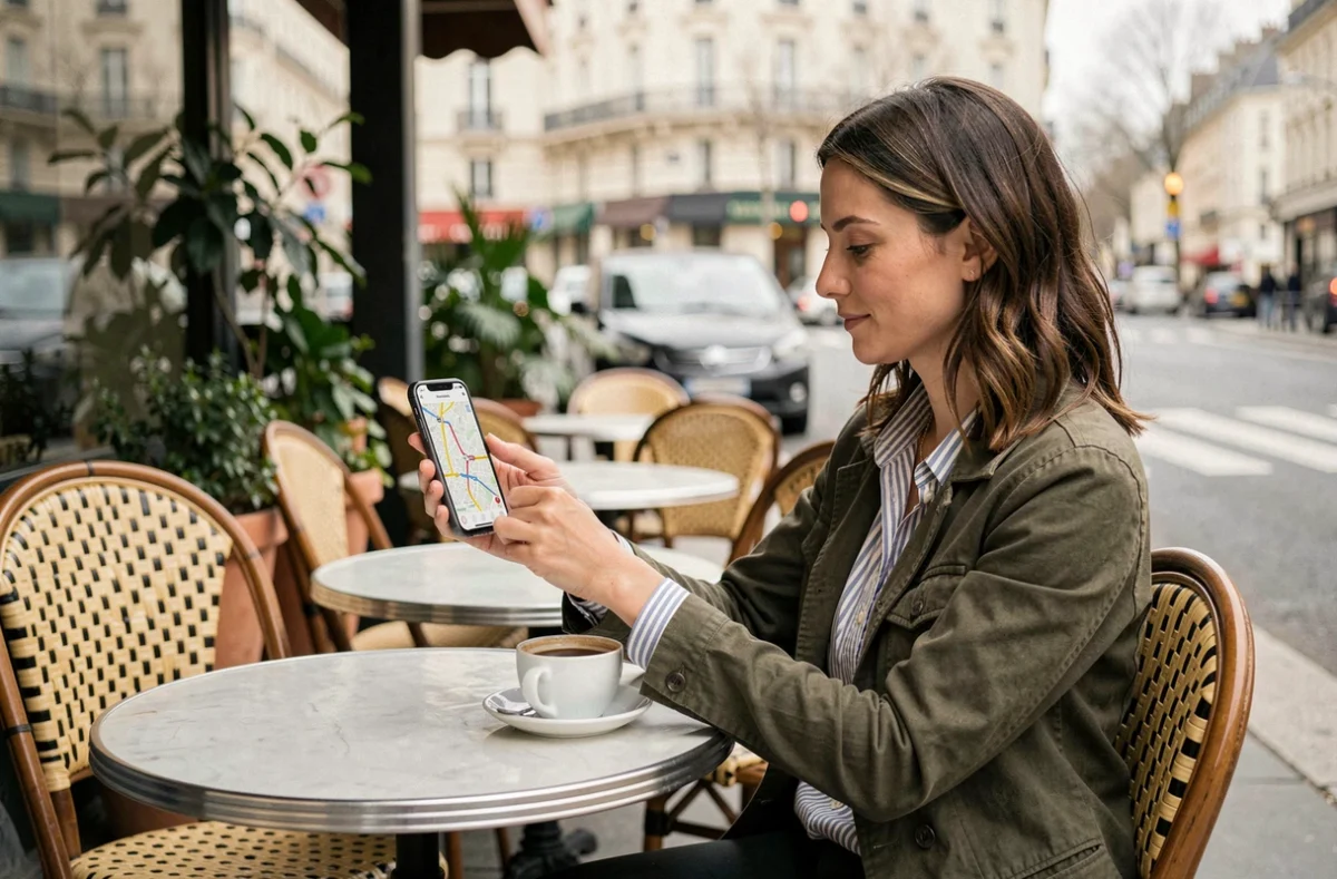 Femme consultant le plan de la ligne 92 en bus sur mobile depuis une terrasse de café parisien