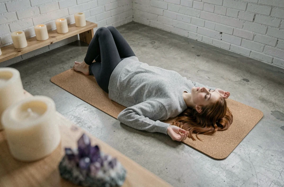 Jeune femme allong&eacute;e en savasana les yeux ferm&eacute;s vivant une exp&eacute;rience de flash lumineux spirituel lors d'une s&eacute;ance de yoga