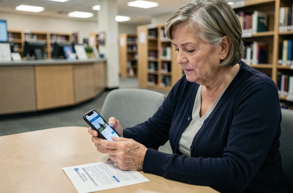 Femme retrait&eacute;e consultant l'espace CGOS sur son smartphone dans un environnement administratif pour v&eacute;rifier ses remboursements
