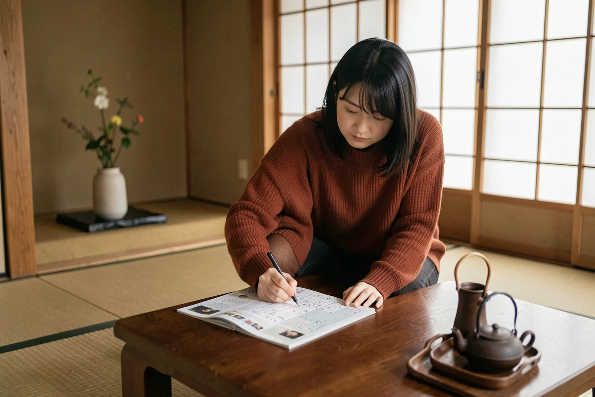 Femme japonaise compl&eacute;tant un mot crois&eacute; dans une chambre tatami traditionnelle de Kyoto