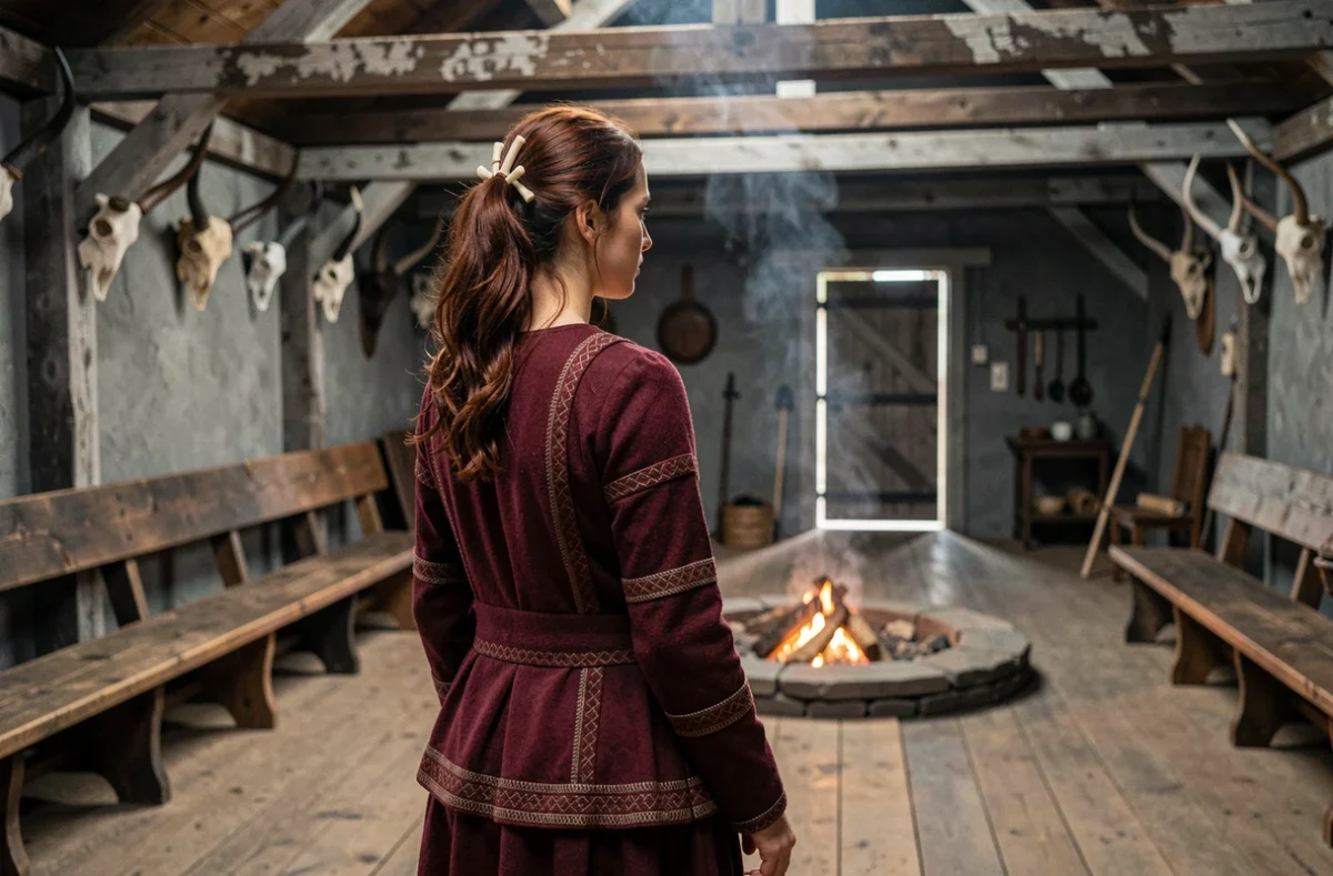 Femme viking seule dans une grande salle m&eacute;di&eacute;vale nordique, posture &eacute;voquant trahison et r&eacute;silience dans une relation passionnelle
