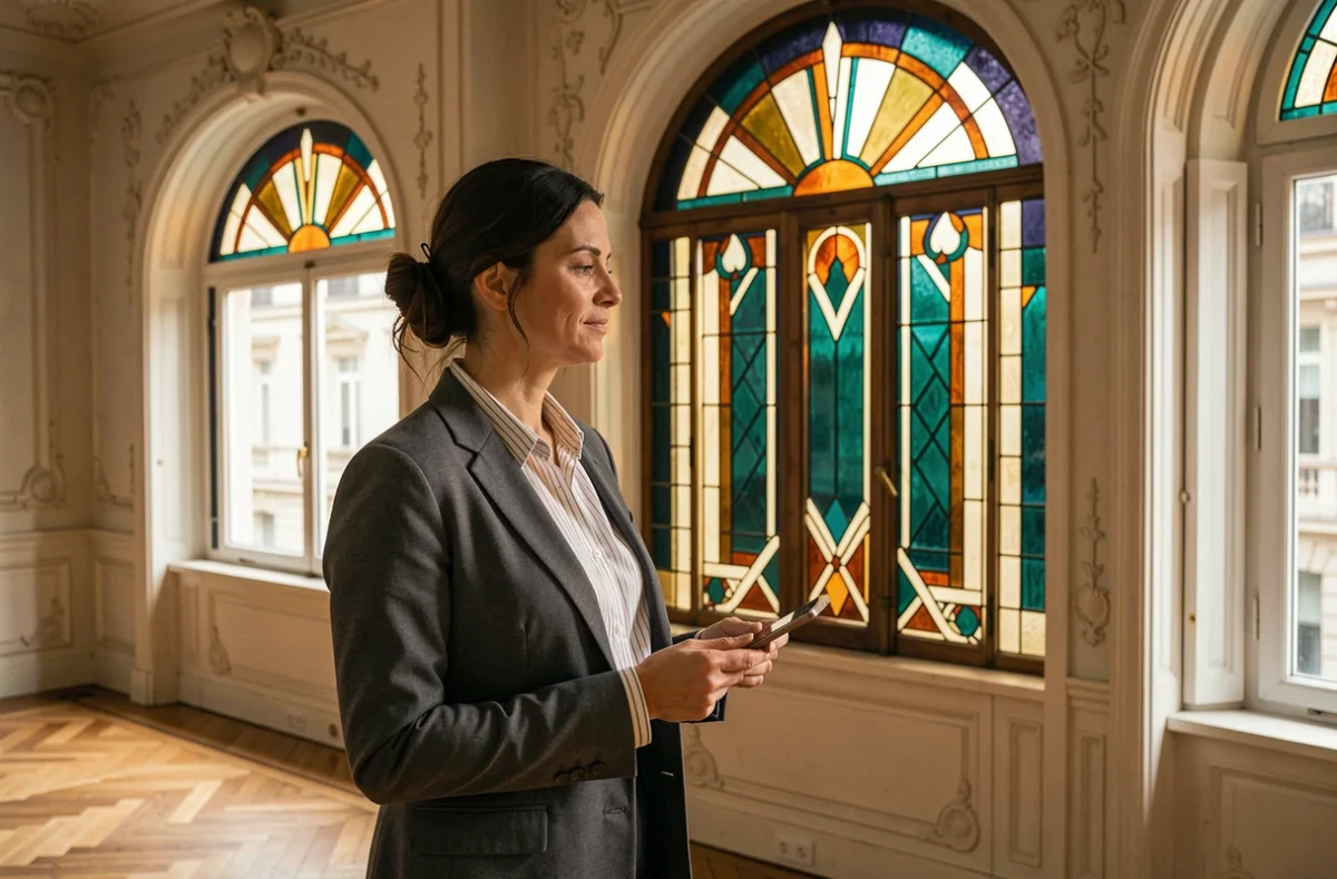 Femme contemplant un grand vitrail Art déco installé dans un immeuble haussmannien restauré