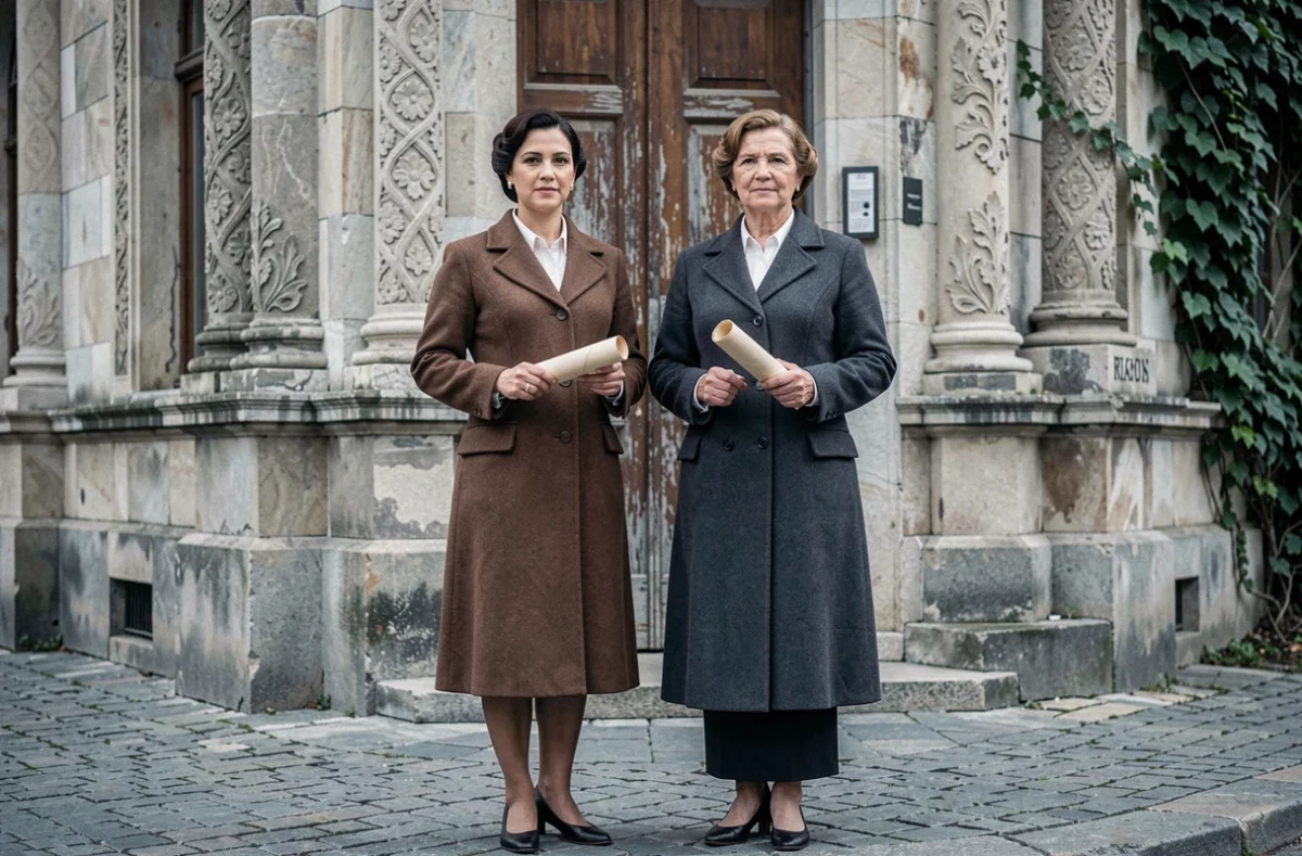 Deux femmes turques professionnelles des ann&eacute;es 1930 devant un b&acirc;timent institutionnel &agrave; Ankara, repr&eacute;sentant les pionni&egrave;res politiques et civiques de l'histoire de Turquie