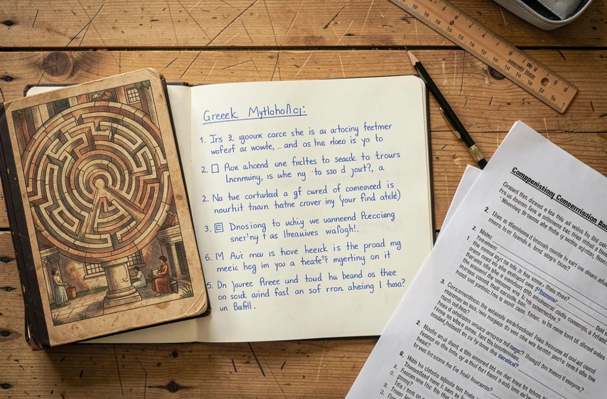 Fiche de lecture sur le Labyrinthe et le Minotaure avec cahier annot&eacute; et livres de mythologie grecque sur un bureau