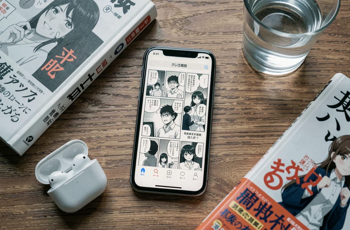 Flat-lay d'un smartphone affichant une interface de lecture de scans manga entour&eacute; de volumes de BD sur un bureau en bois