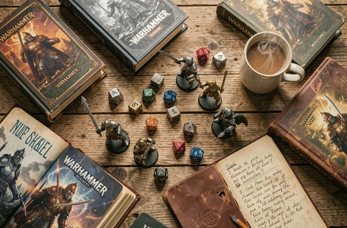 Vue aérienne d'une table de jeu Warhammer avec livres ouverts, dés, figurines peintes et notes de campagne