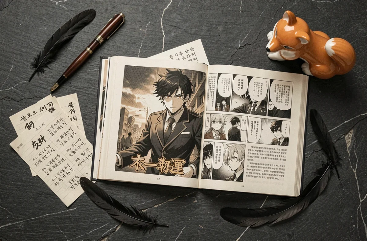 Mise en sc&egrave;ne flat lay de volumes de manhwa ouverts sur le personnage villain aux yeux de renard entour&eacute; d'accessoires th&eacute;matiques comme une figurine renard et des plumes noires sur ardoise sombre